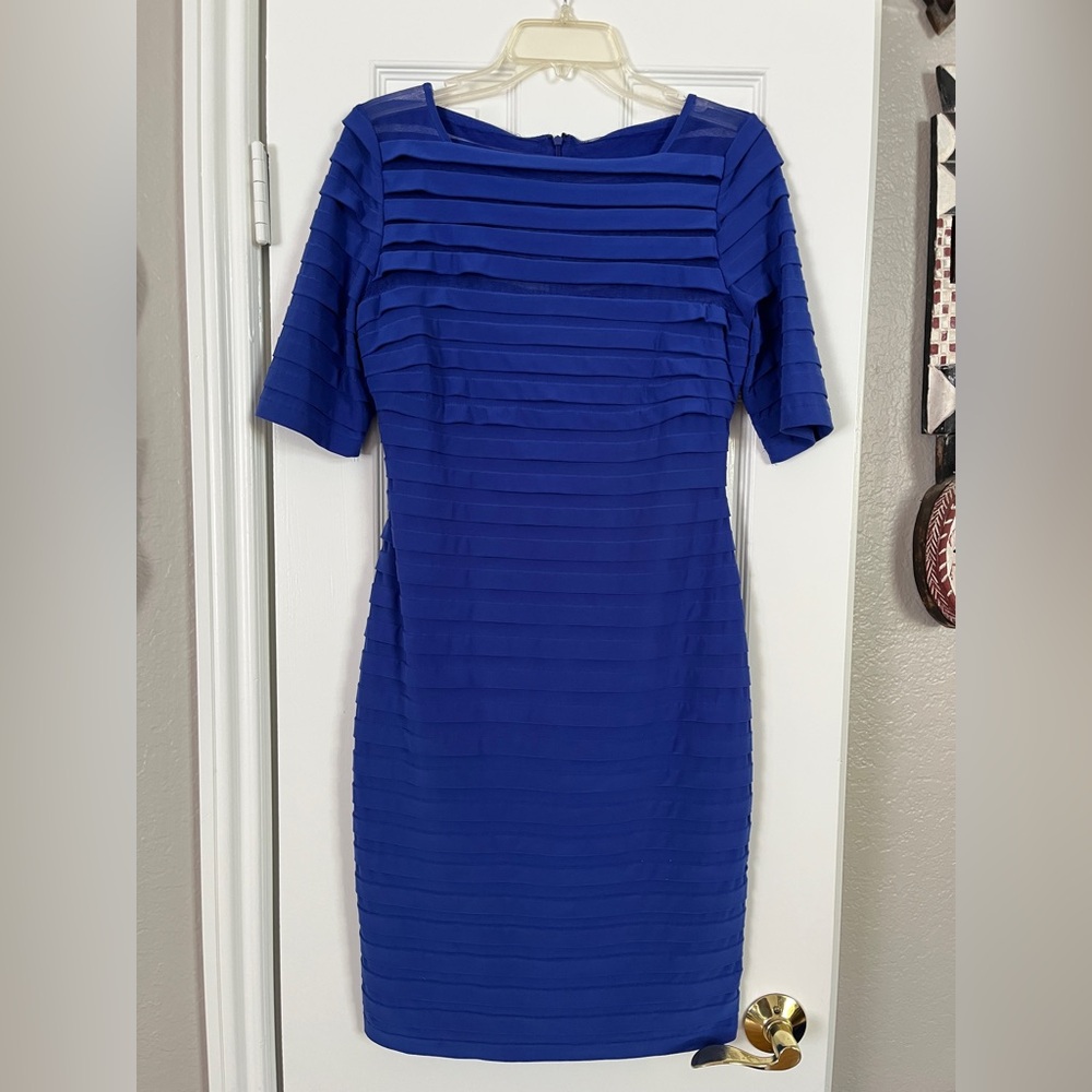 Adrianna Papell Illusion Pleated Royal Blue Jersey Dress size 8